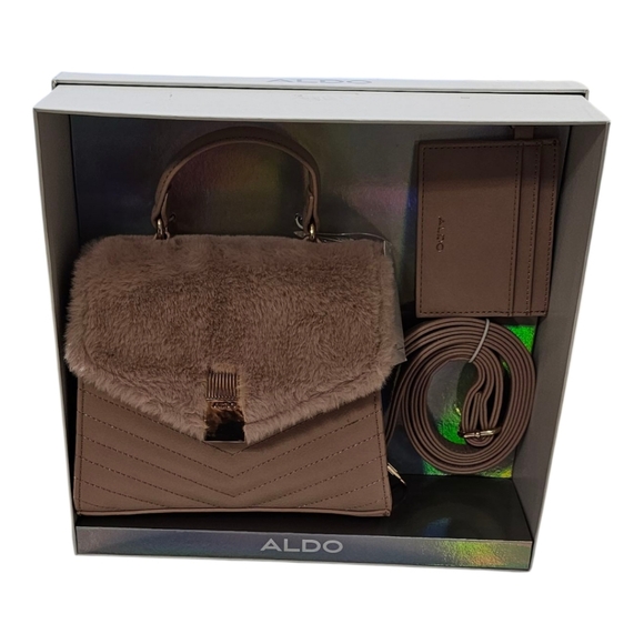 ALDO Blush Faux Fur Satchel/Crossbody Set w Card Case - Picture 3 of 10